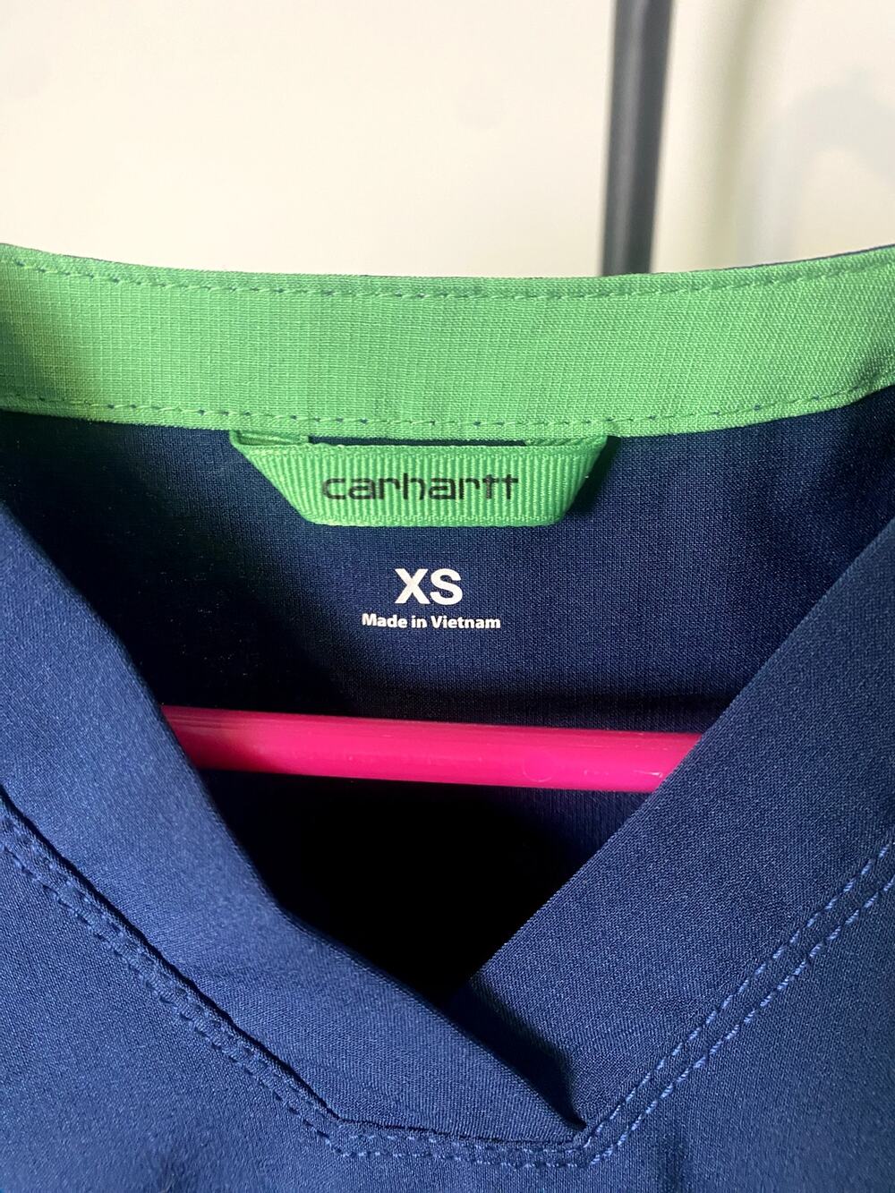 L-068 Carhartt XS Navy Blue Scrub Top & Pants Set Lime Green Accents Force